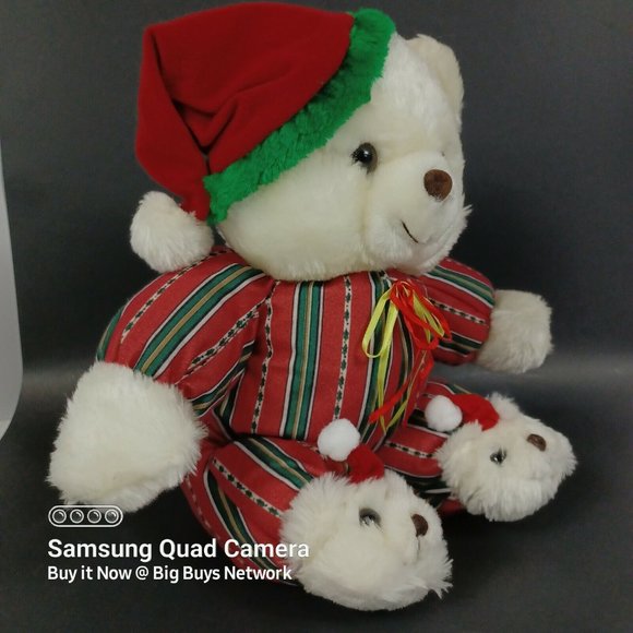 CUDDLE WIT 15" White Christmas Teddy Bear Plush in Mini-Bear Slippers & XMAS Hat - Picture 5 of 12